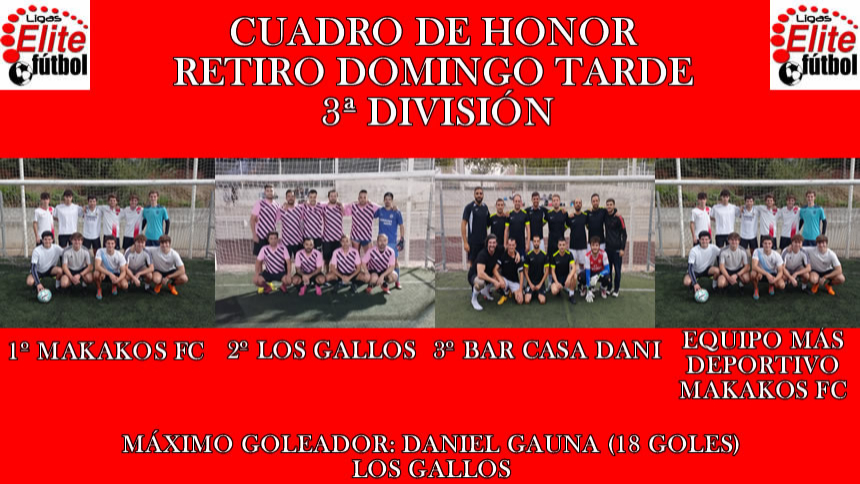 CUADRO DE HONOR. RETIRO DOMINGO TARDE 3ª DIVISIÓN